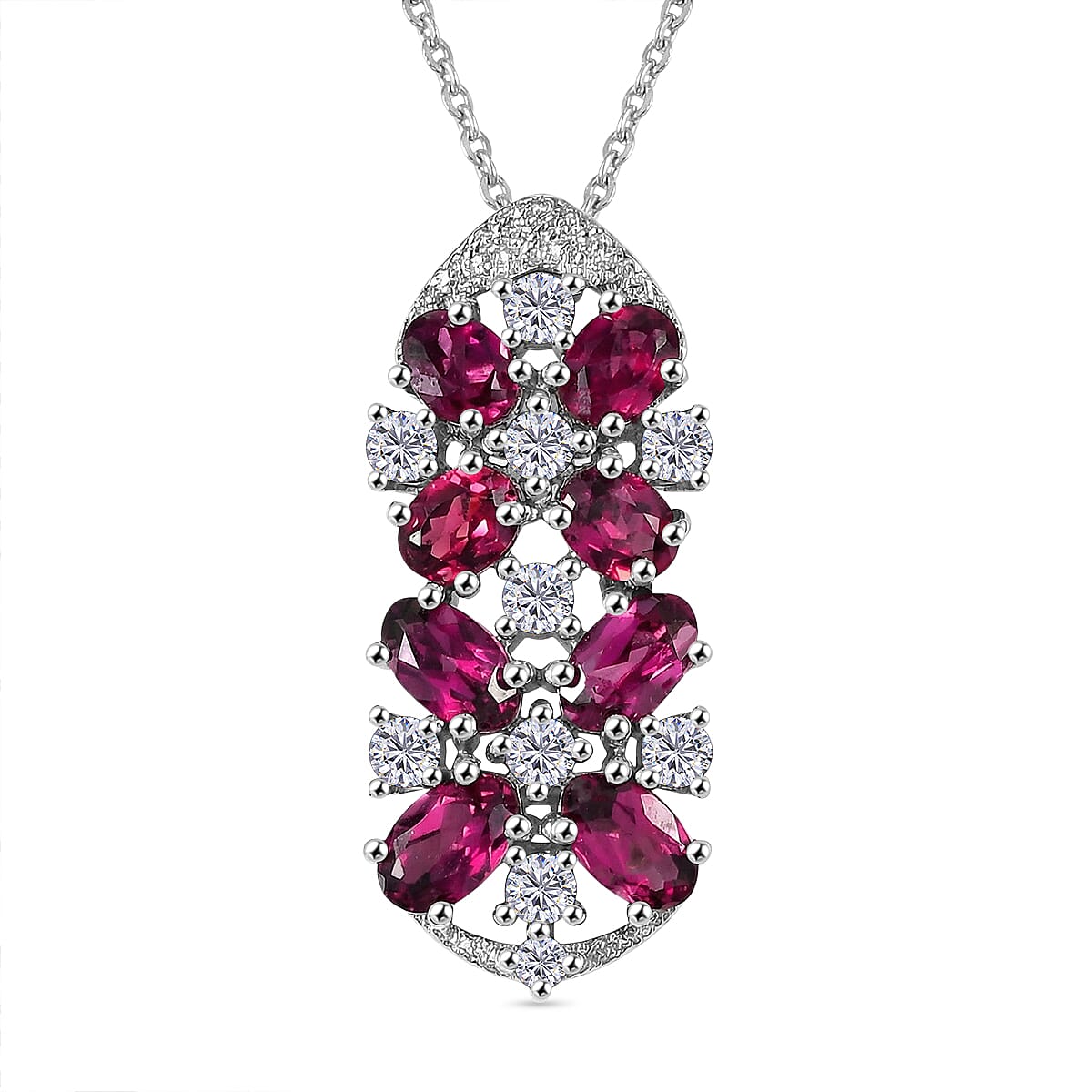 Rhodolite Garnet,  White Zircon Pendant with Torn Chain 19DC (Size 20) in Platinum Overlay Sterling Silver 1.76 ct  2.760  Ct.
