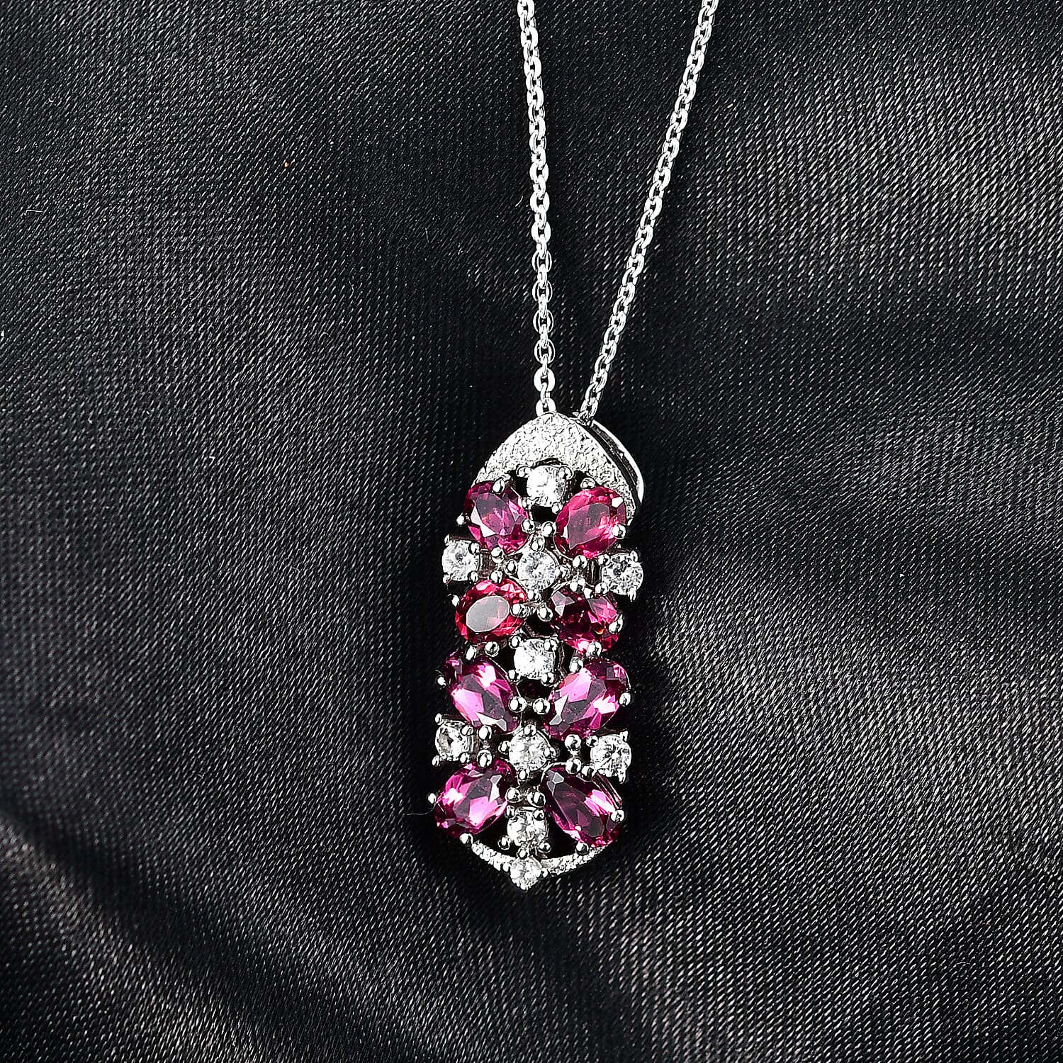 Rhodolite Garnet,  White Zircon Pendant with Torn Chain 19DC (Size 20) in Platinum Overlay Sterling Silver 1.76 ct  2.760  Ct.