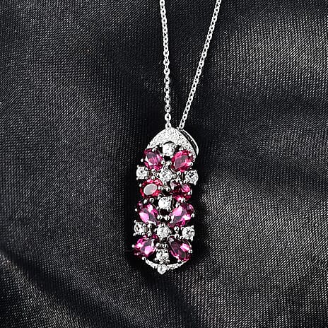 D'Joy Orissa Natural Rhodolite Garnet & White Zircon Pendant with Chain (Size 20) in Platinum Overlay Sterling Silver 2.53 Ct.