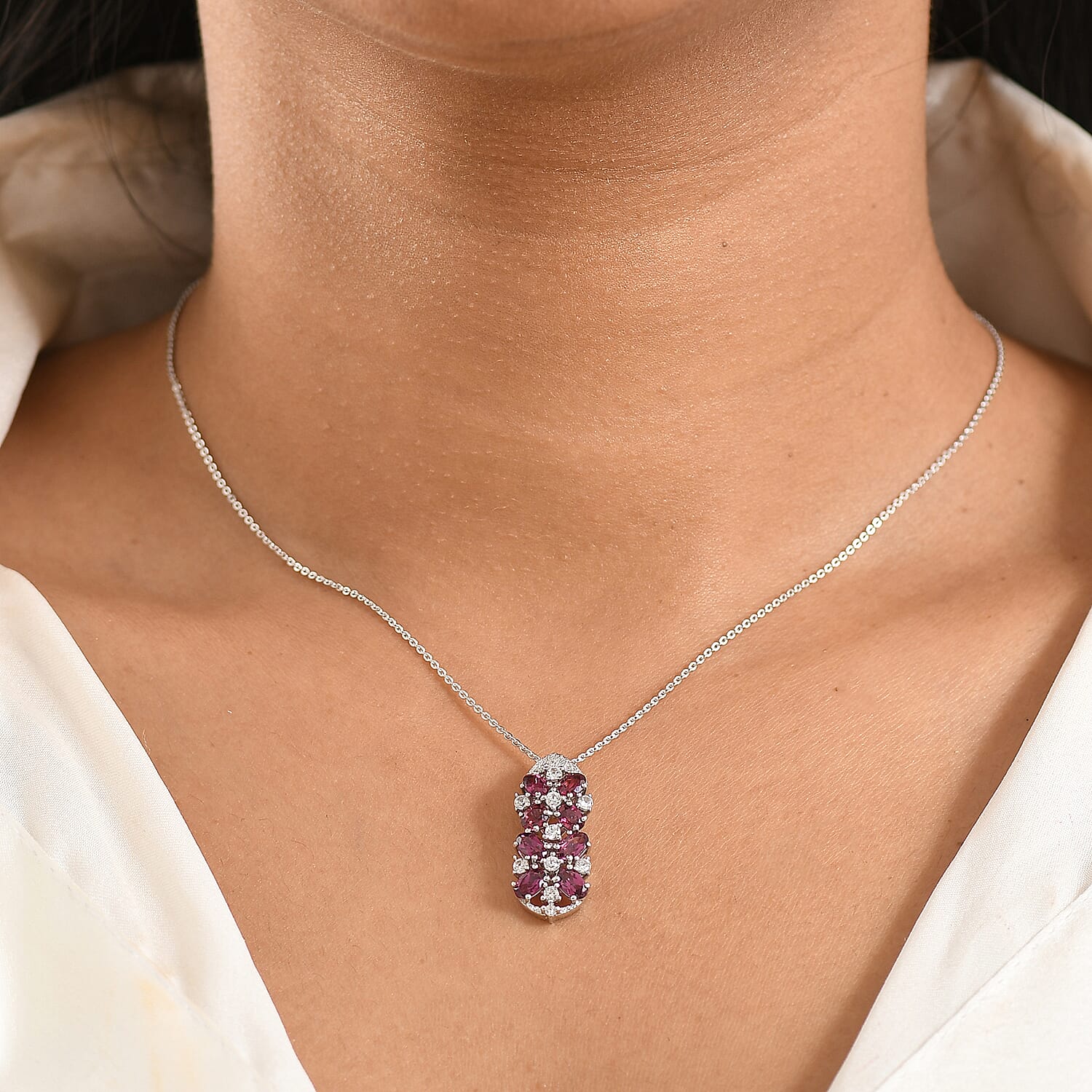 Rhodolite Garnet,  White Zircon Pendant with Torn Chain 19DC (Size 20) in Platinum Overlay Sterling Silver 1.76 ct  2.760  Ct.