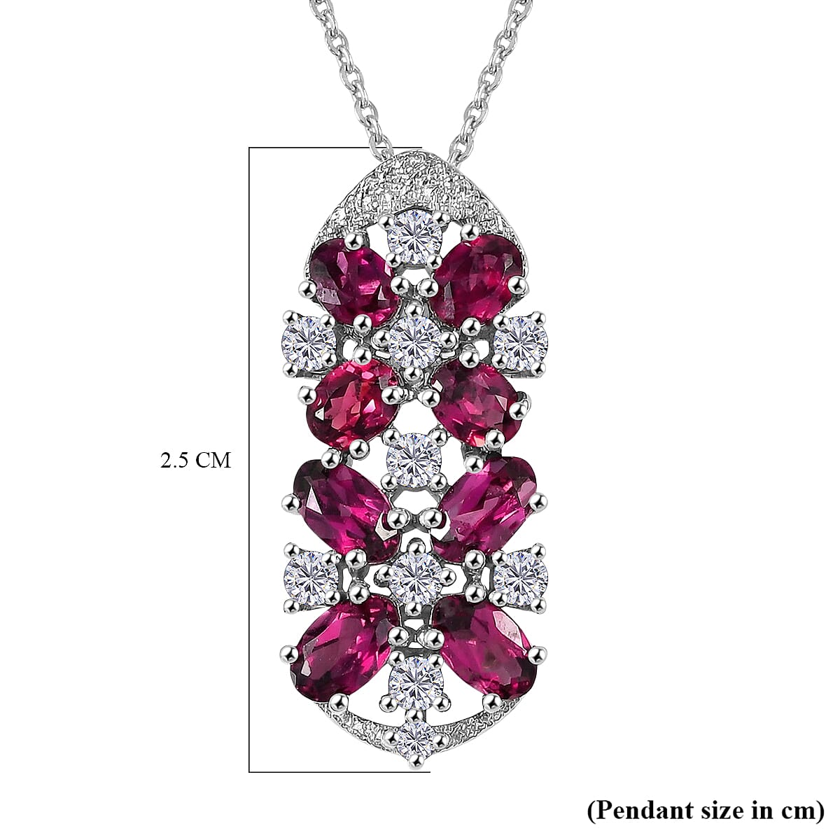 Rhodolite Garnet,  White Zircon Pendant with Torn Chain 19DC (Size 20) in Platinum Overlay Sterling Silver 1.76 ct  2.760  Ct.
