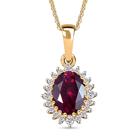 D'Joy Orissa Natural Rhodolite Garnet, White Zircon Halo Pendant with Chain (Size 20) in 18K Vermeil Yellow Gold Plated Sterling Silver 3.02 Ct.