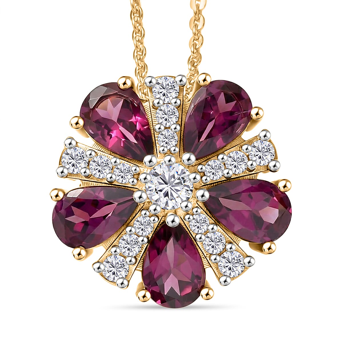 Rhodolite Garnet,  White Zircon Pendant with Chain (Size 20) in 18K YG Plating Sterling Silver 0.32 ct  3.150  Ct.