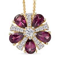 D'Joy Orissa Natural Rhodolite Garnet & White Zircon Pendant with Chain (Size 20) in Yellow Gold Plated Sterling Silver 3.15 Ct.