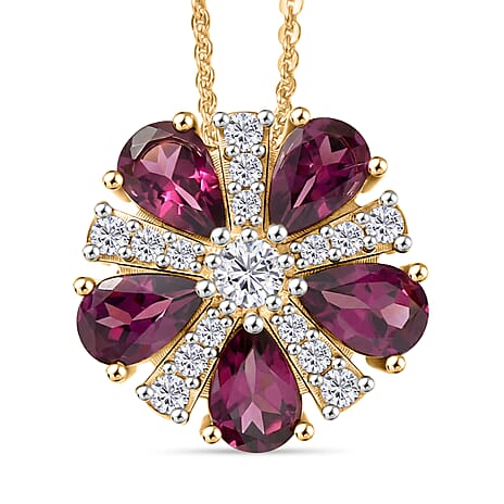 Rhodolite Garnet,  White Zircon Pendant with Chain (Size 20) in 18K YG Plating Sterling Silver 0.32 ct  3.150  Ct.
