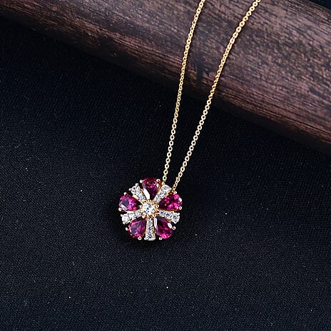 D'Joy Rhodolite Garnet & White Zircon Pendant with Chain (Size 20) in Yellow Gold Plated Sterling Silver 3.15 Ct.