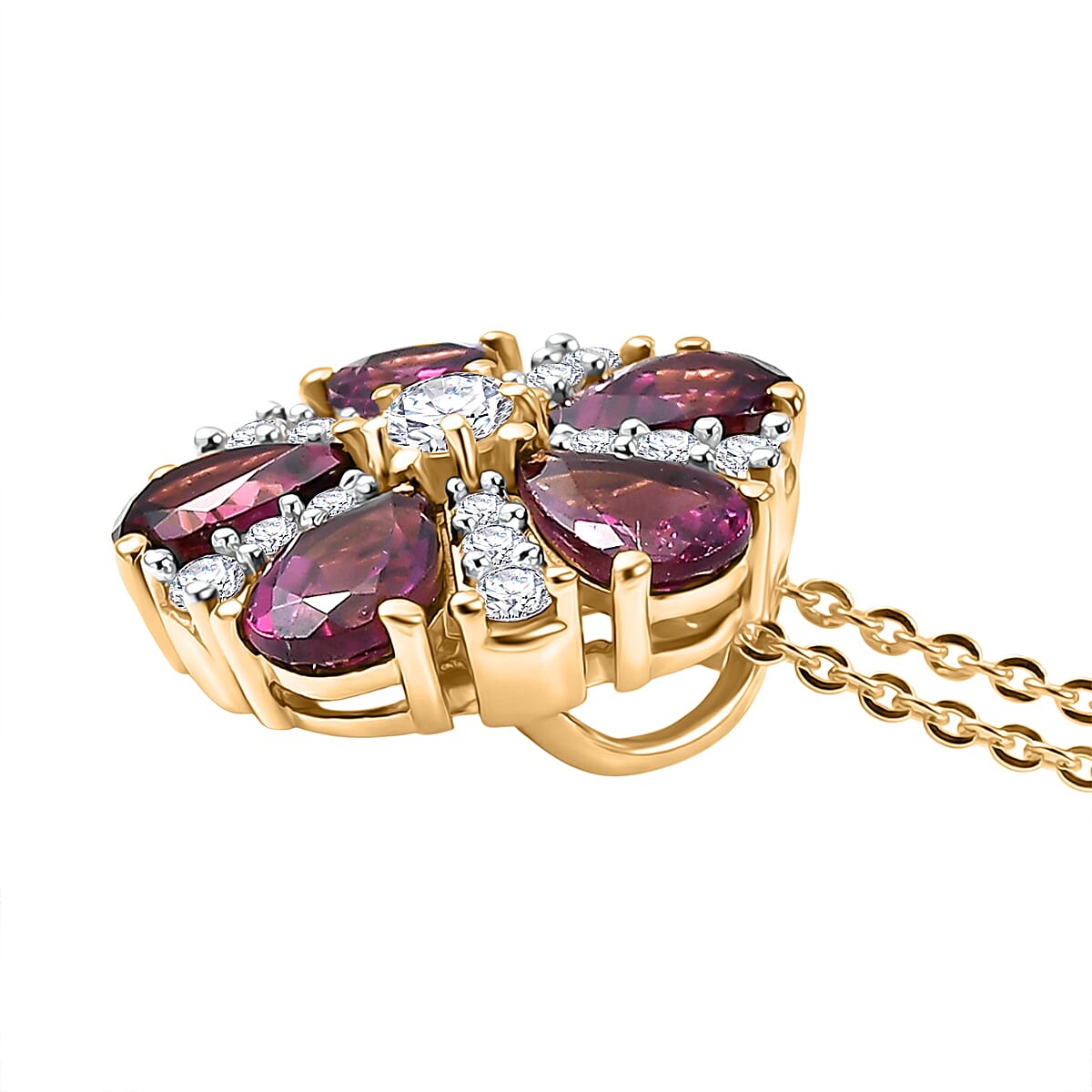 Rhodolite Garnet,  White Zircon Pendant with Chain (Size 20) in 18K YG Plating Sterling Silver 0.32 ct  3.150  Ct.