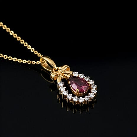 D'Joy Rhodolite Garnet &  White Zircon Pendant with Chain (Size 20) in Yellow Gold Plated Sterling Silver 1.23 Ct.