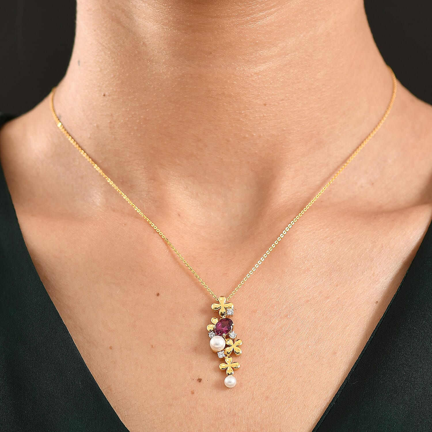 Rhodolite Garnet,  Fresh Water Pearl,  White Zircon Pendant with Chain (Size 20) in 18K YG Plating Sterling Silver 1.68 ct  Silver Wt. 5.75 Gms  2.630  Ct.