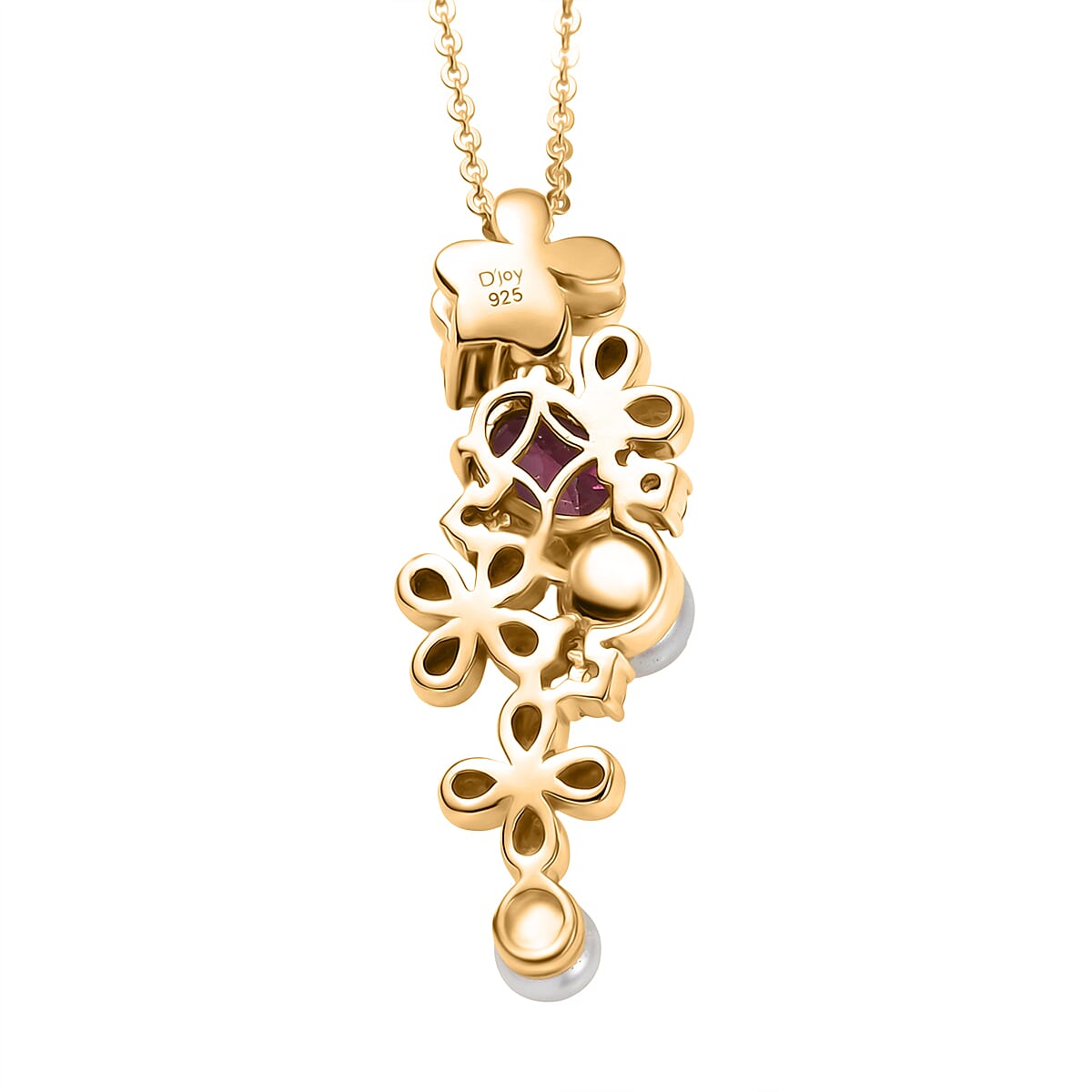 Rhodolite Garnet,  Fresh Water Pearl,  White Zircon Pendant with Chain (Size 20) in 18K YG Plating Sterling Silver 1.68 ct  Silver Wt. 5.75 Gms  2.630  Ct.
