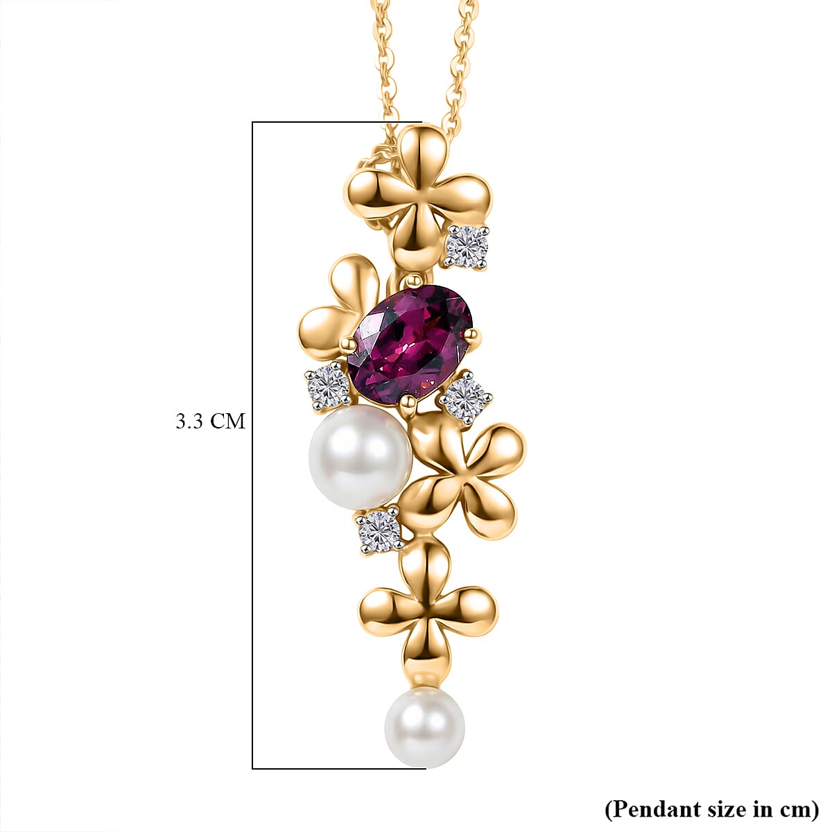 Rhodolite Garnet,  Fresh Water Pearl,  White Zircon Pendant with Chain (Size 20) in 18K YG Plating Sterling Silver 1.68 ct  Silver Wt. 5.75 Gms  2.630  Ct.