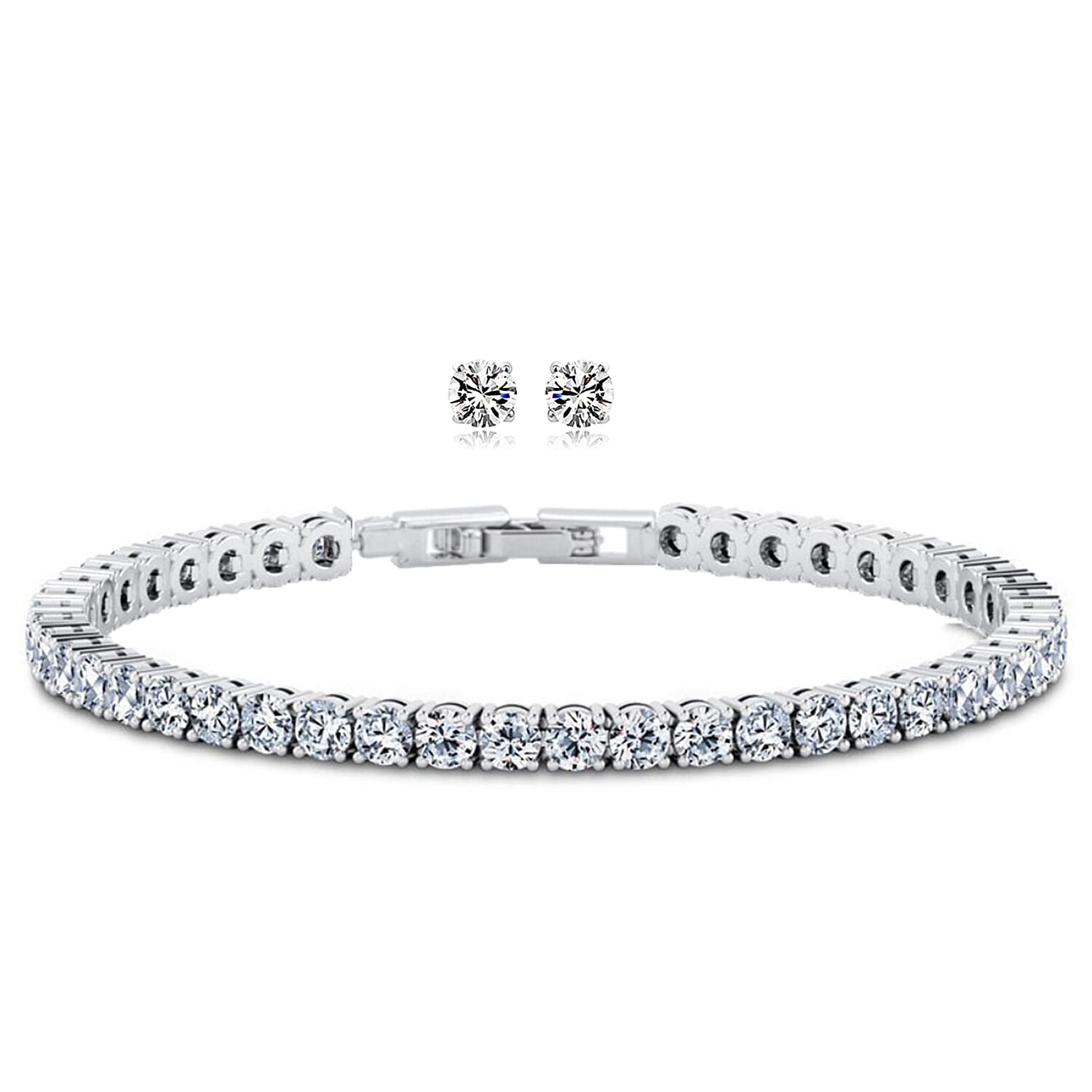 2 Piece Set - Cubic Zirconia Bracelet (Size - 7.5) and Push Back Earring in White Tone 1.86 Ct.