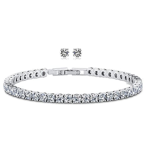 2 Piece Set - Cubic Zirconia Bracelet (Size - 7.5) and Push Back Earring in White Tone 1.86 Ct.