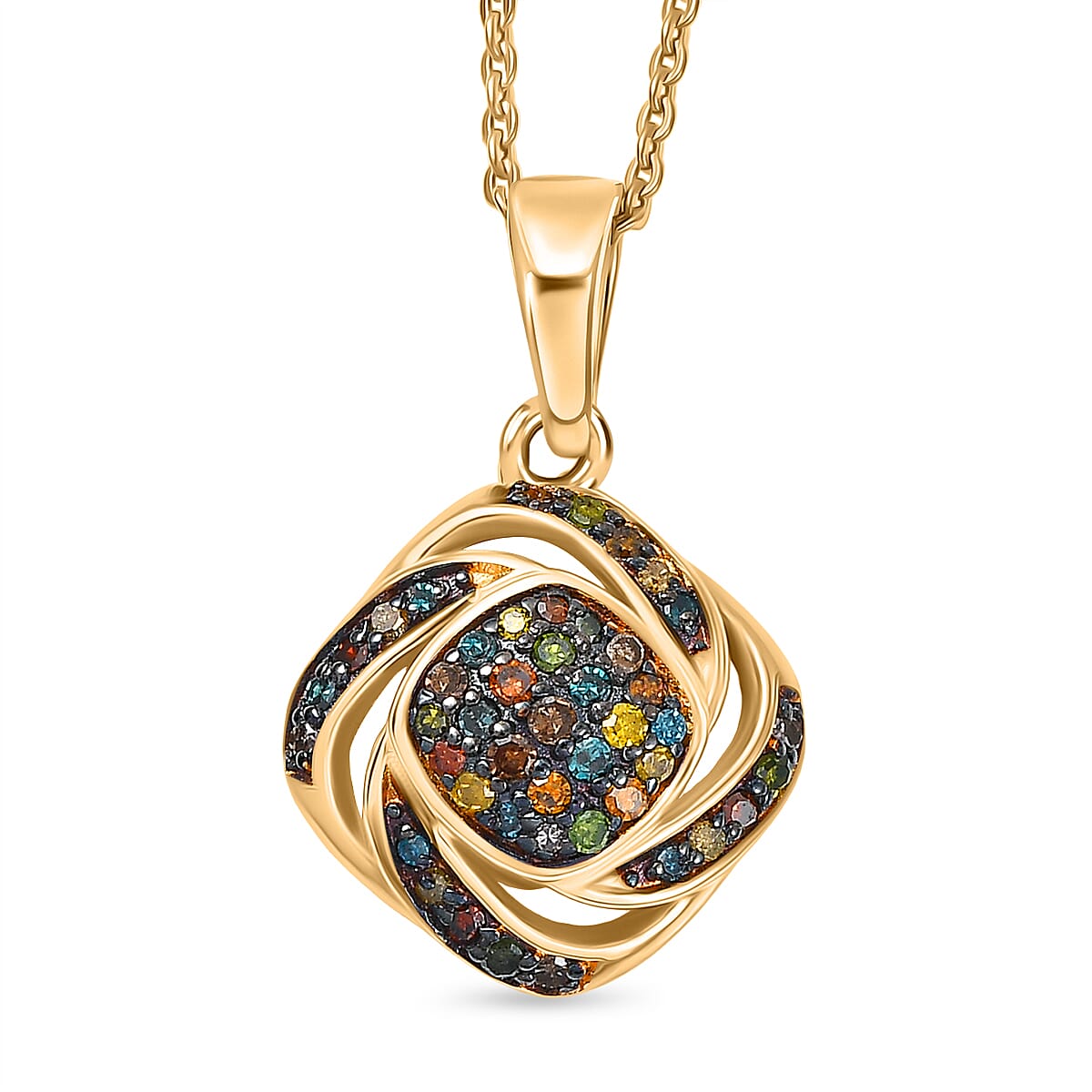 Champagne Diamond, Green Diamond, Red Diamond, Blue Diamond, Kanchanaburi Blue Sapphire & Yellow Diamond Pendant with Chain (Size 20) in 18K Vermeil Yellow Gold Plated Sterling Silver