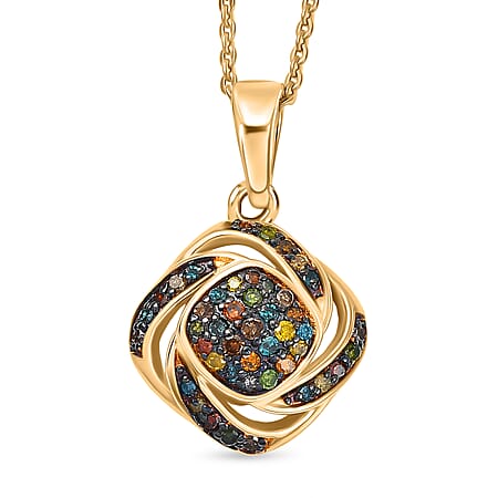 Champagne Diamond, Green Diamond, Red Diamond, Blue Diamond, Kanchanaburi Blue Sapphire & Yellow Diamond Pendant with Chain (Size 20) in 18K Vermeil Yellow Gold Plated Sterling Silver
