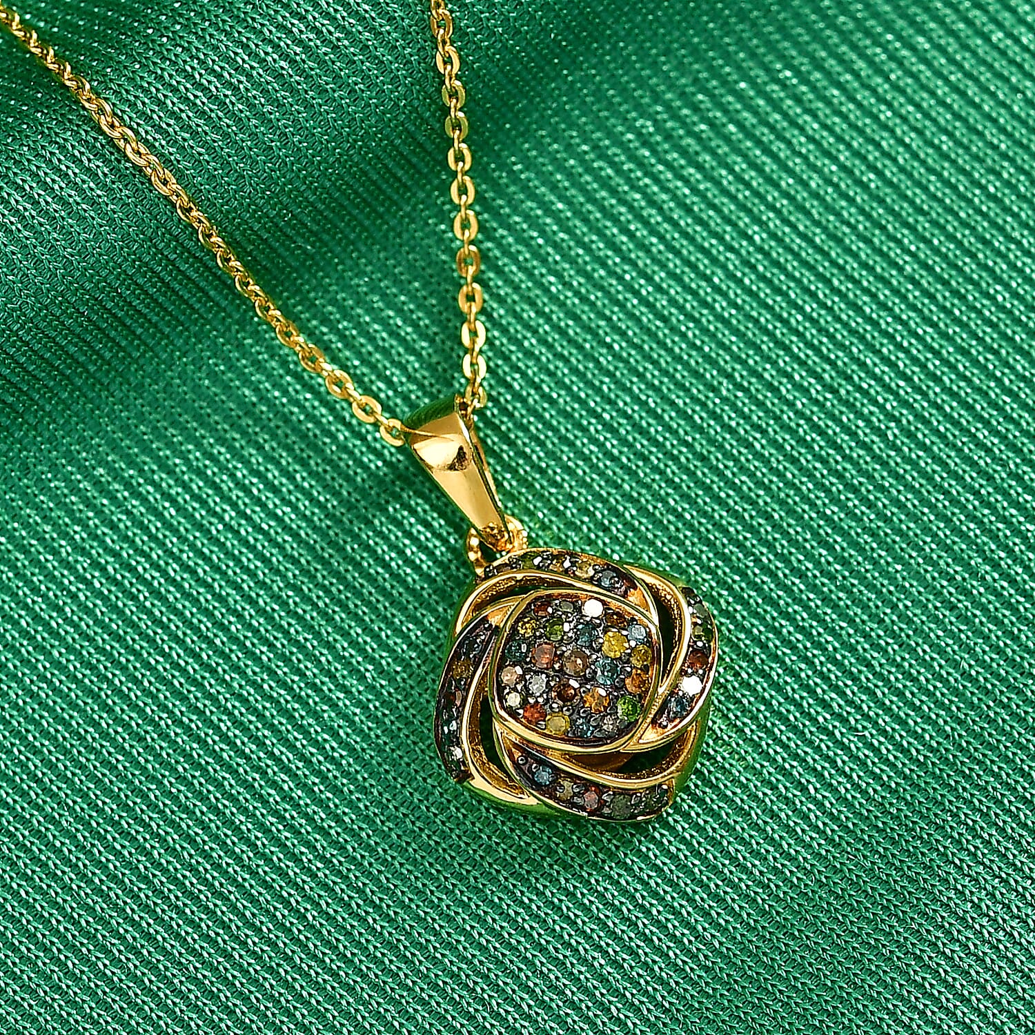 Champagne Diamond, Green Diamond, Red Diamond, Blue Diamond, Kanchanaburi Blue Sapphire & Yellow Diamond Pendant with Chain (Size 20) in 18K Vermeil Yellow Gold Plated Sterling Silver