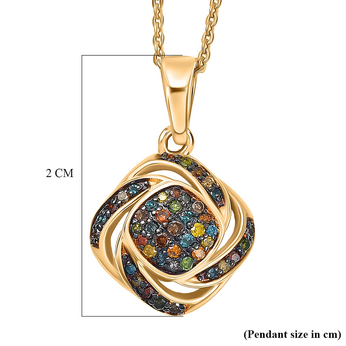 Champagne Diamond, Green Diamond, Red Diamond, Blue Diamond, Kanchanaburi Blue Sapphire & Yellow Diamond Pendant with Chain (Size 20) in 18K Vermeil Yellow Gold Plated Sterling Silver
