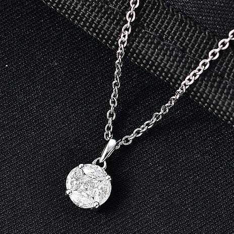 D'Joy Moissanite Cluster Pendant with Chain (Size 20) in Platinum Overlay Sterling Silver