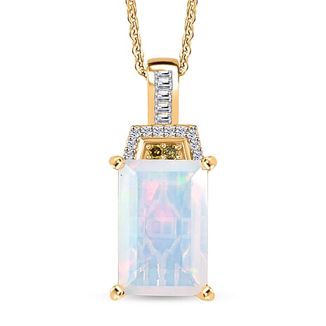 Biggest Size- Faceted Ethiopian Opal & White Diamond & Yellow Diamond Pendant with Chain (Size 20) in 18K Vermeil Yellow Gold Plated Sterling Silver 2.50 Ct.