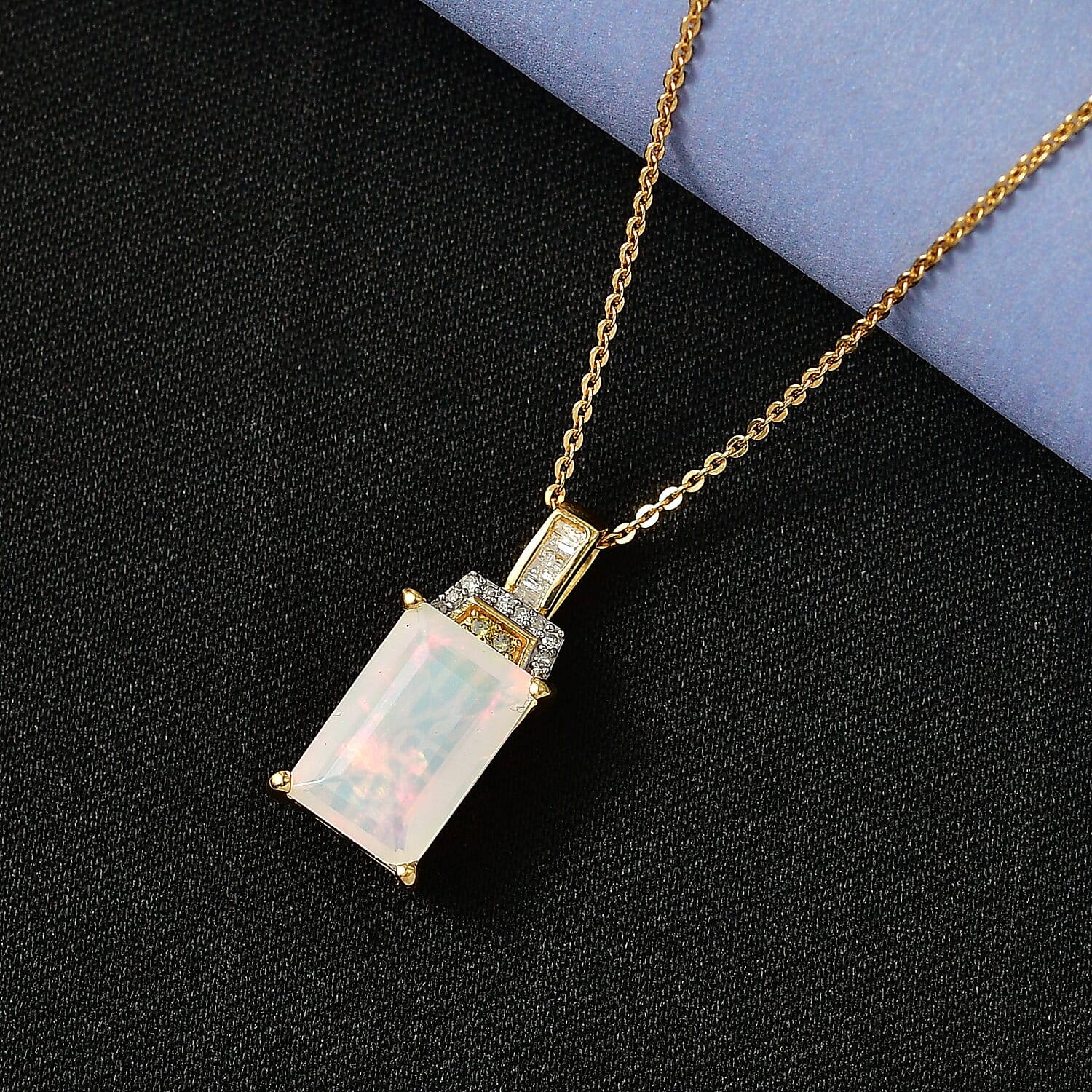 Biggest Size- Faceted Ethiopian Opal & White Diamond & Yellow Diamond Pendant with Chain (Size 20) in 18K Vermeil Yellow Gold Plated Sterling Silver 2.50 Ct.