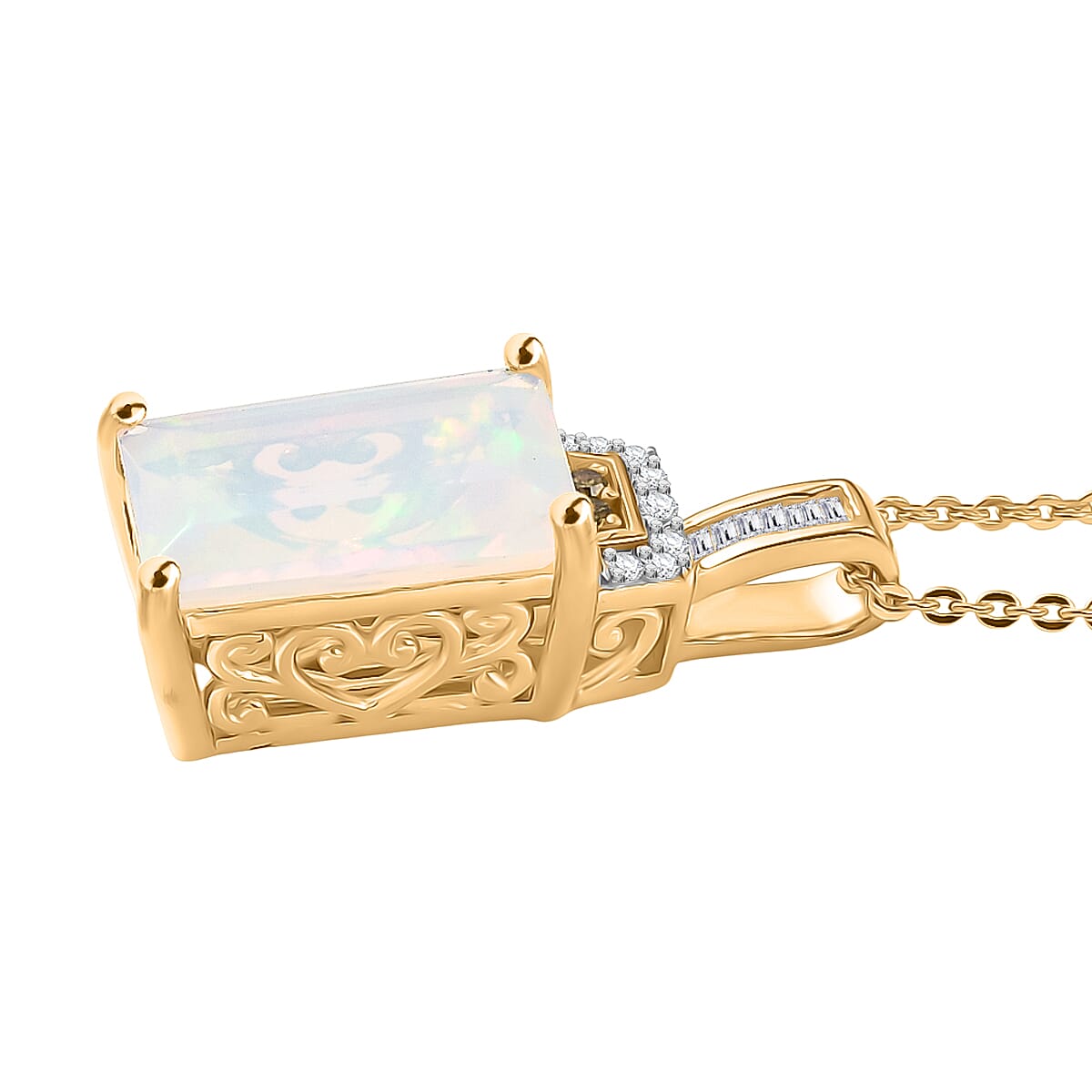 Biggest Size- Faceted Ethiopian Opal & White Diamond & Yellow Diamond Pendant with Chain (Size 20) in 18K Vermeil Yellow Gold Plated Sterling Silver 2.50 Ct.
