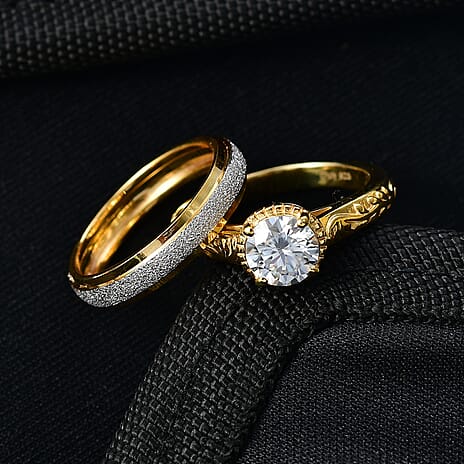 Set of 2 -  D'Joy Moissanite Band Ring in Yellow Gold Plated Sterling Silver 1.00 Ct.