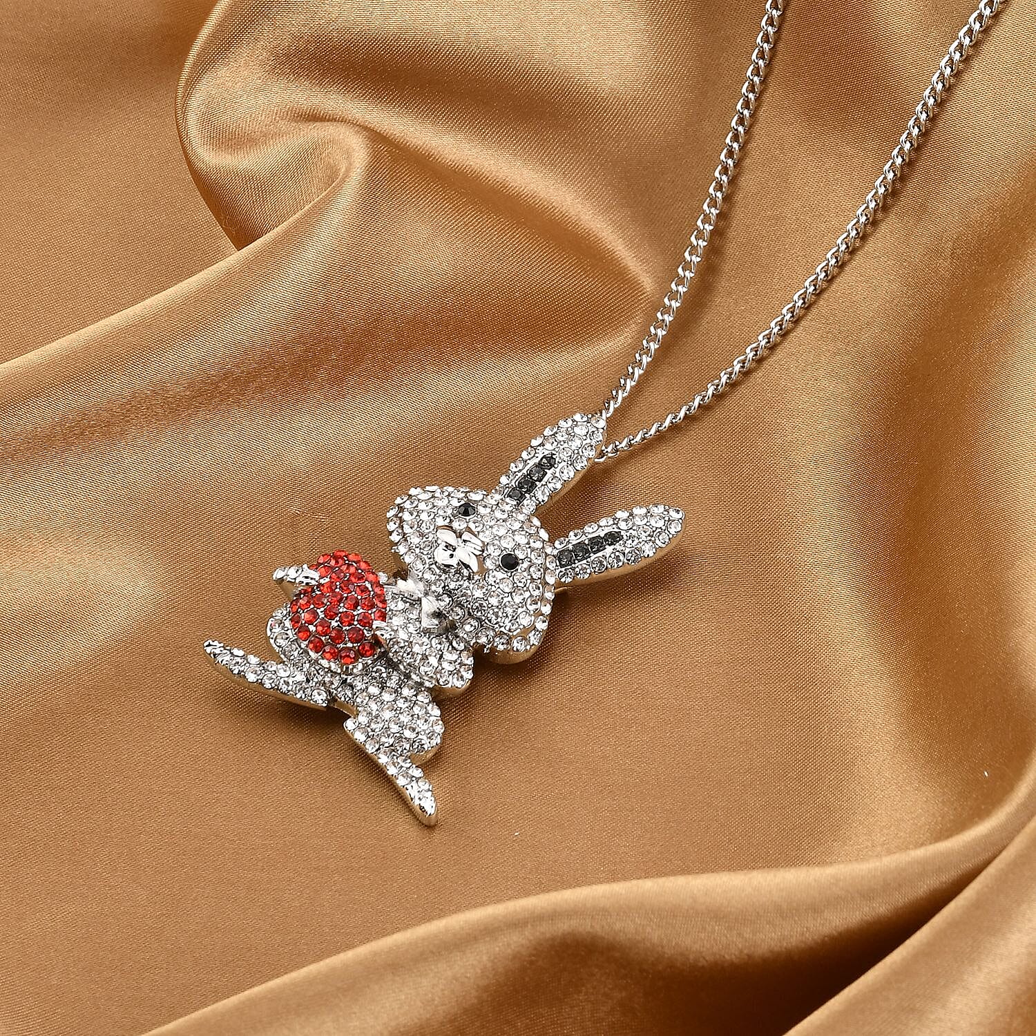 Multi Colour Austrian Crystal Bunny Pendant Cum Brooch with Chain (Size 29-2 EXT) - Silver