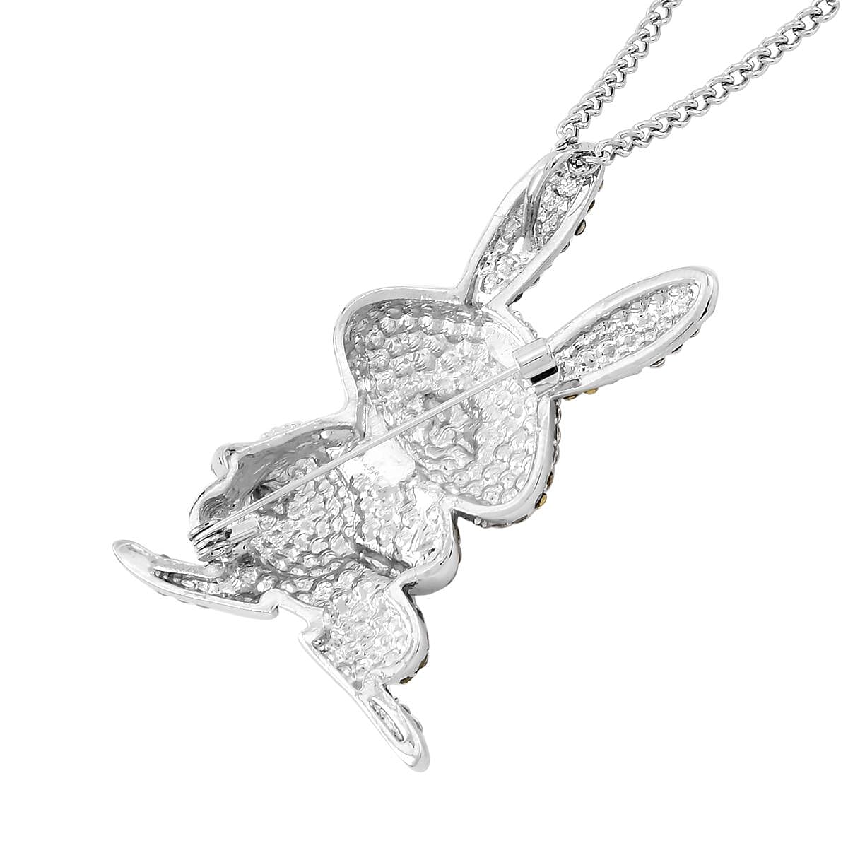 Multi Colour Austrian Crystal Bunny Pendant Cum Brooch with Chain (Size 29-2 EXT) - Silver