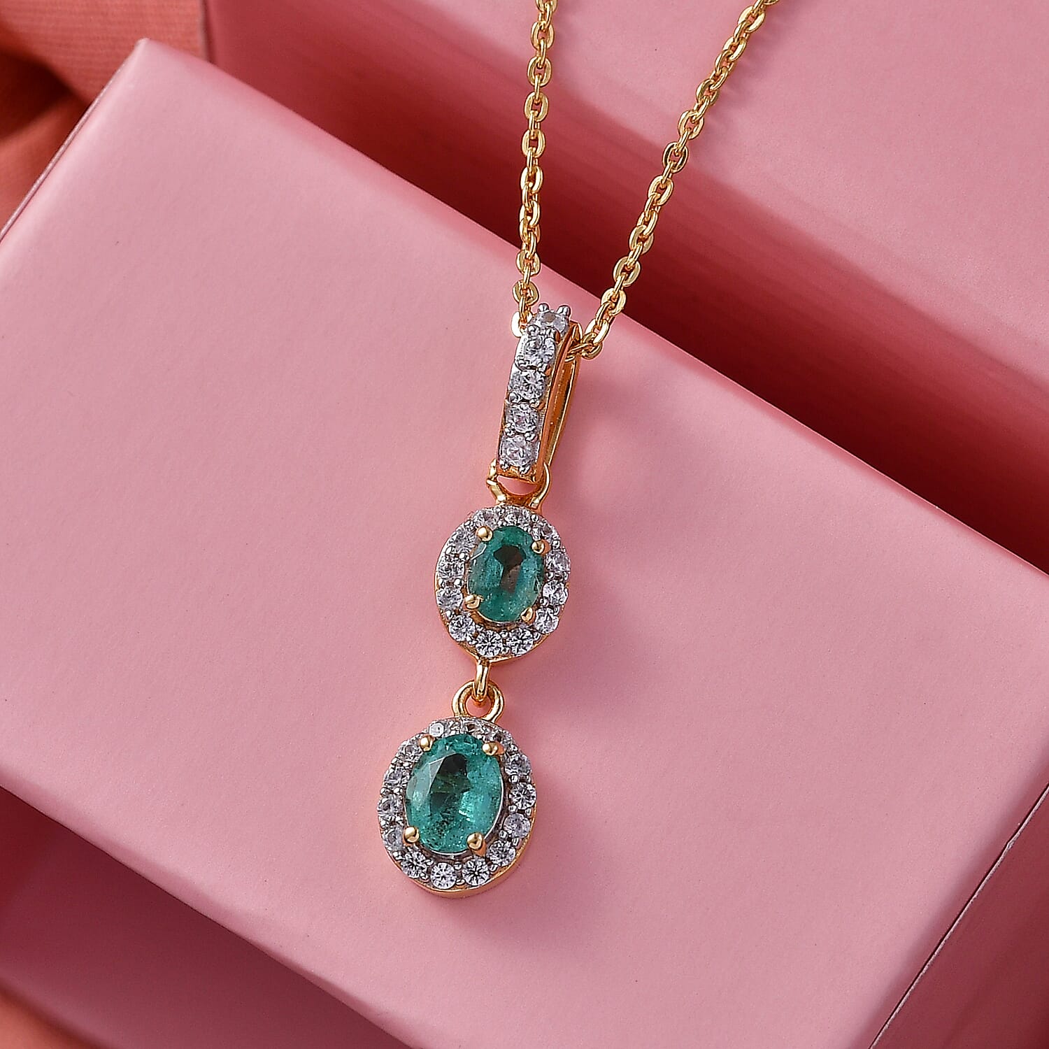 D'Joy AAA Gemfields Zambian Emerald & White Zircon Double Halo Drop Pendant with Chain (Size 20) in 18K Vermeil Yellow Gold Plated Sterling Silver