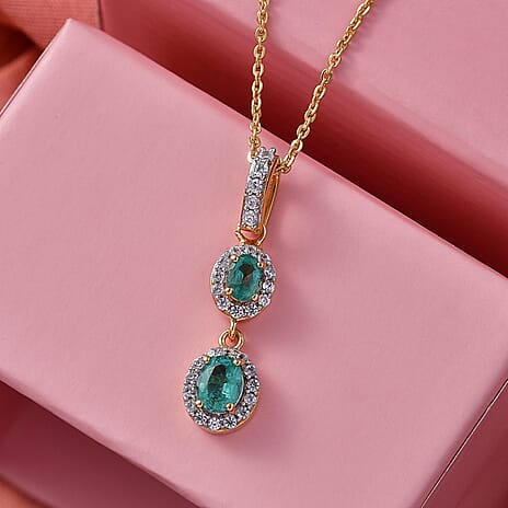 D'Joy AAA Gemfields Zambian Emerald & White Zircon Double Halo Drop Pendant with Chain (Size 20) in 18K Vermeil Yellow Gold Plated Sterling Silver