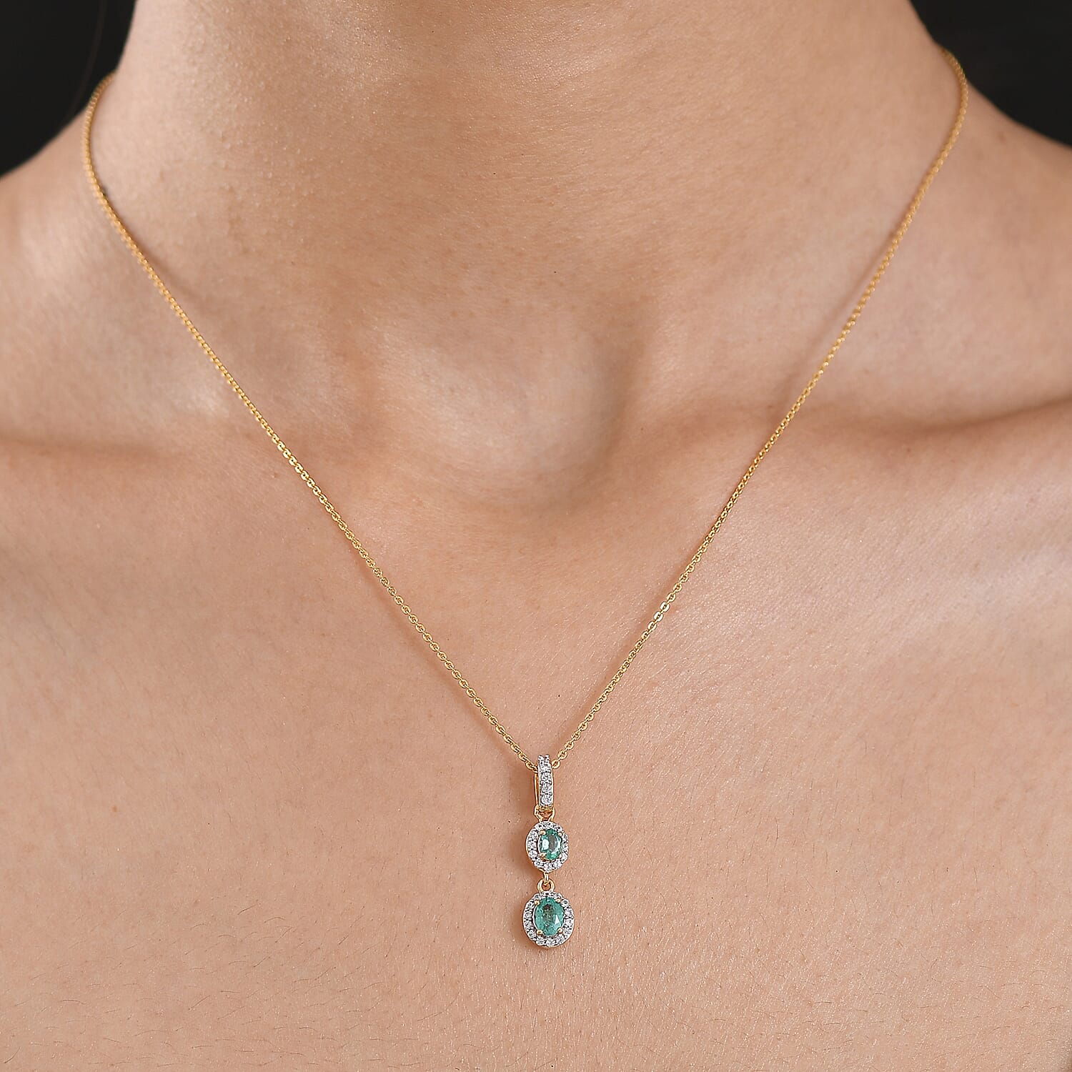 D'Joy AAA Gemfields Zambian Emerald & White Zircon Double Halo Drop Pendant with Chain (Size 20) in 18K Vermeil Yellow Gold Plated Sterling Silver