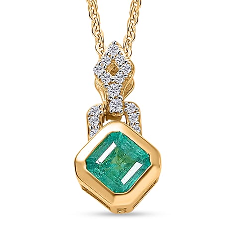 D'Joy AAA Gemfields Zambian Emerald Cut & White Zircon Drop Pendant with Chain (Size 20) in 18K Vermeil Yellow Gold Plated Sterling Silver