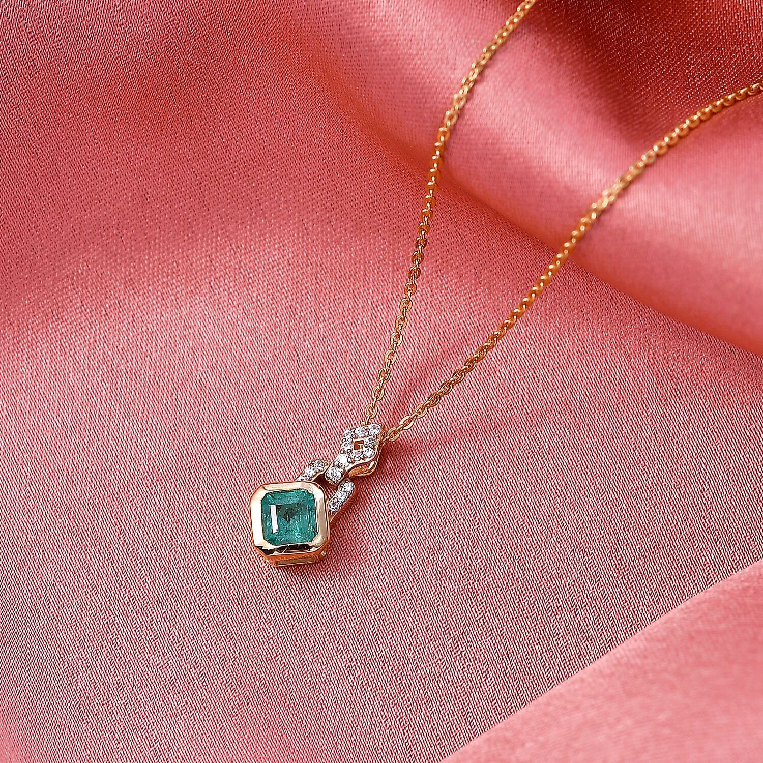D'Joy AAA Gemfields Zambian Emerald Cut & White Zircon Drop Pendant with Chain (Size 20) in 18K Vermeil Yellow Gold Plated Sterling Silver