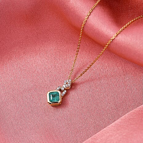 D'Joy AAA Gemfields Zambian Emerald Cut & White Zircon Drop Pendant with Chain (Size 20) in 18K Vermeil Yellow Gold Plated Sterling Silver