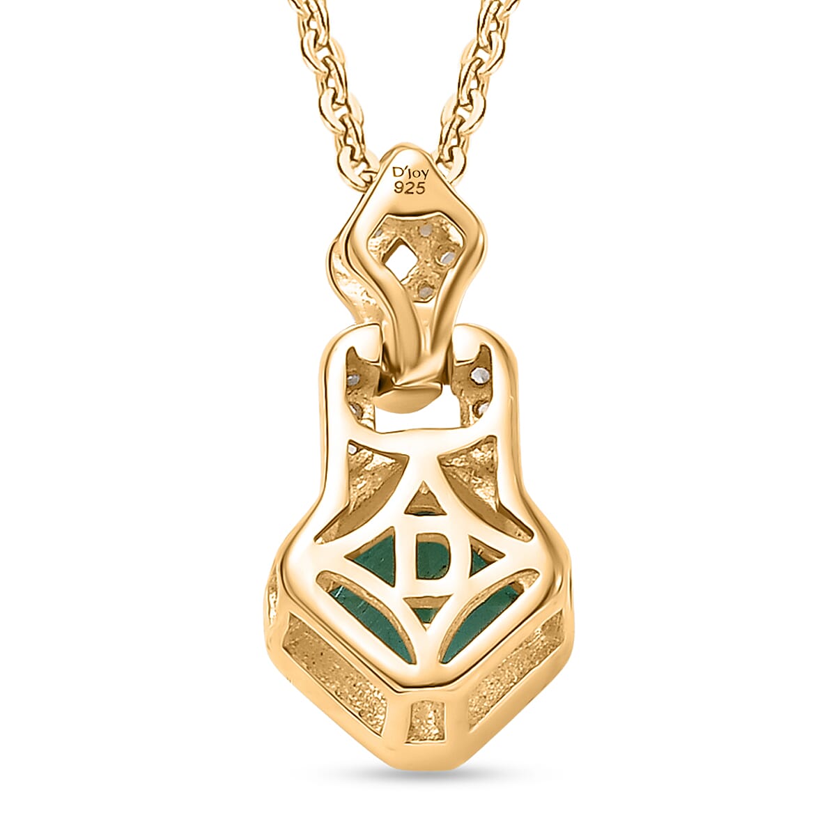 D'Joy AAA Gemfields Zambian Emerald Cut & White Zircon Drop Pendant with Chain (Size 20) in 18K Vermeil Yellow Gold Plated Sterling Silver
