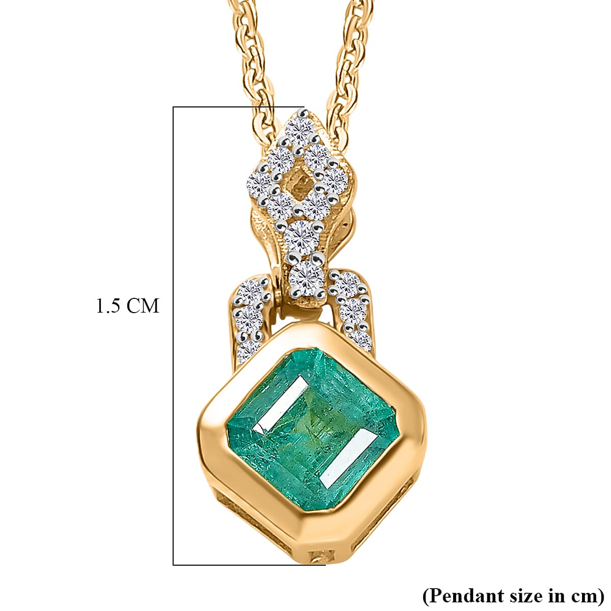 D'Joy AAA Gemfields Zambian Emerald Cut & White Zircon Drop Pendant with Chain (Size 20) in 18K Vermeil Yellow Gold Plated Sterling Silver