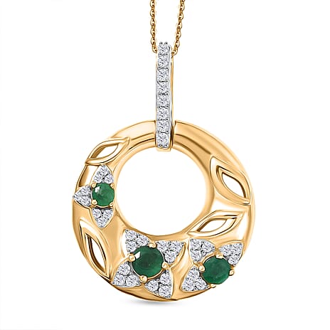 D'Joy AAA Gemfields Zambian Emerald & White Zircon Open Circle Floral Pendant with Chain (Size 20) in 18K Vermeil Yellow Gold Plated Sterling Silver