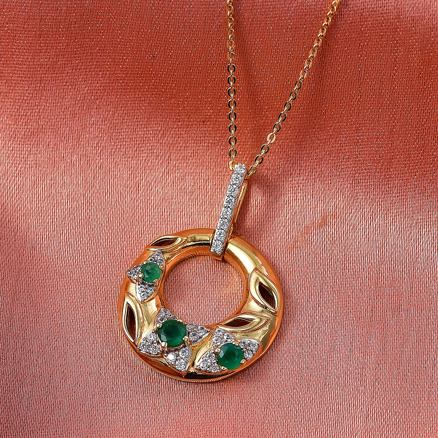 D'Joy AAA Gemfields Zambian Emerald & White Zircon Open Circle Floral Pendant with Chain (Size 20) in 18K Vermeil Yellow Gold Plated Sterling Silver