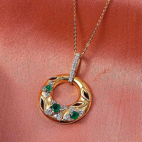 D'Joy AAA Gemfields Zambian Emerald & White Zircon Open Circle Floral Pendant with Chain (Size 20) in 18K Vermeil Yellow Gold Plated Sterling Silver
