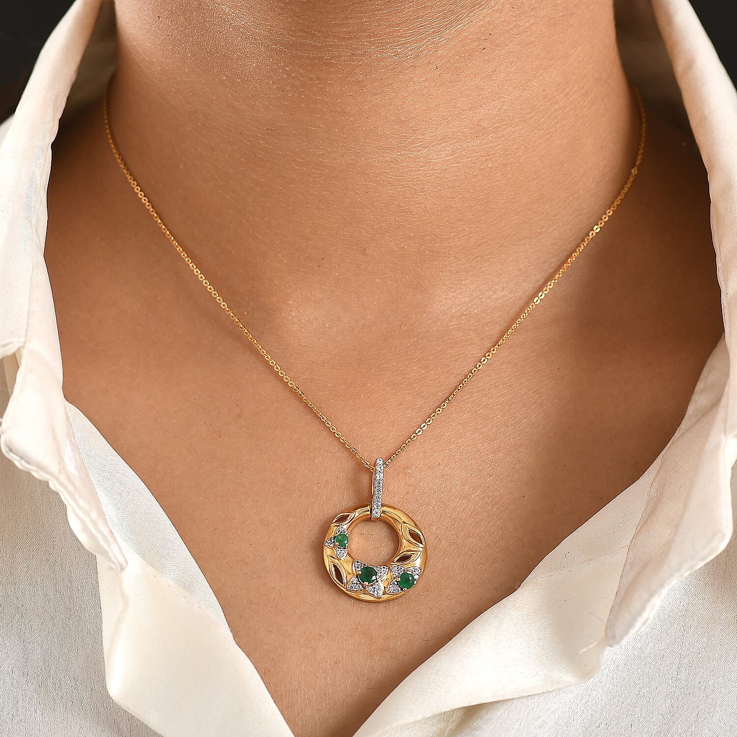 D'Joy AAA Gemfields Zambian Emerald & White Zircon Open Circle Floral Pendant with Chain (Size 20) in 18K Vermeil Yellow Gold Plated Sterling Silver