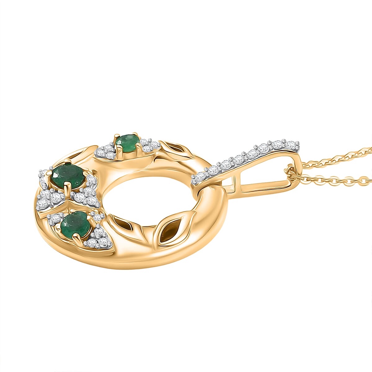 D'Joy AAA Gemfields Zambian Emerald & White Zircon Open Circle Floral Pendant with Chain (Size 20) in 18K Vermeil Yellow Gold Plated Sterling Silver