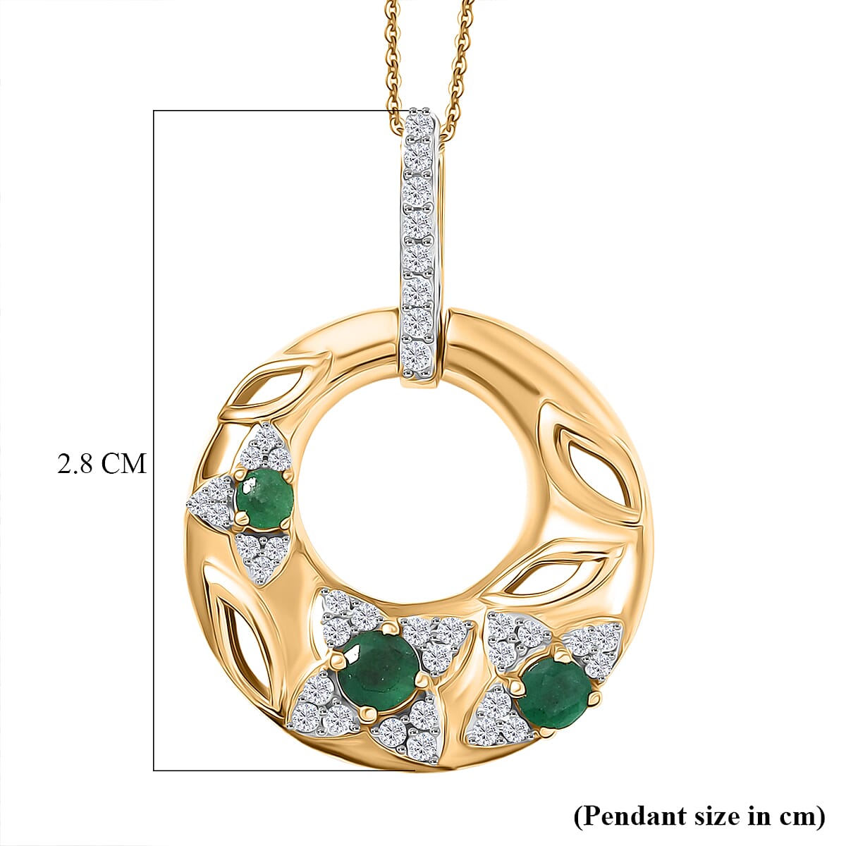D'Joy AAA Gemfields Zambian Emerald & White Zircon Open Circle Floral Pendant with Chain (Size 20) in 18K Vermeil Yellow Gold Plated Sterling Silver