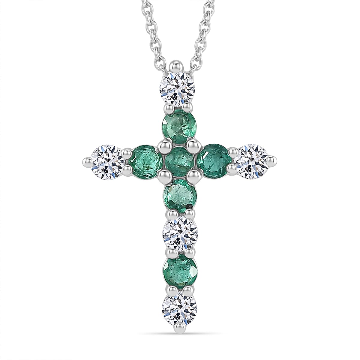 Luxuriant AAA Gemfields Zambian Emerald & SI-GH Lab Grown Diamond Cross Pendant with Chain (Size 20) in Rhodium Overlay Sterling Silver 1.18 Ct.
