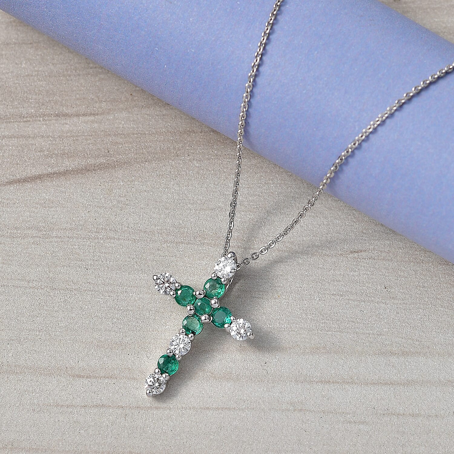 Luxuriant AAA Gemfields Zambian Emerald & SI-GH Lab Grown Diamond Cross Pendant with Chain (Size 20) in Rhodium Overlay Sterling Silver 1.18 Ct.