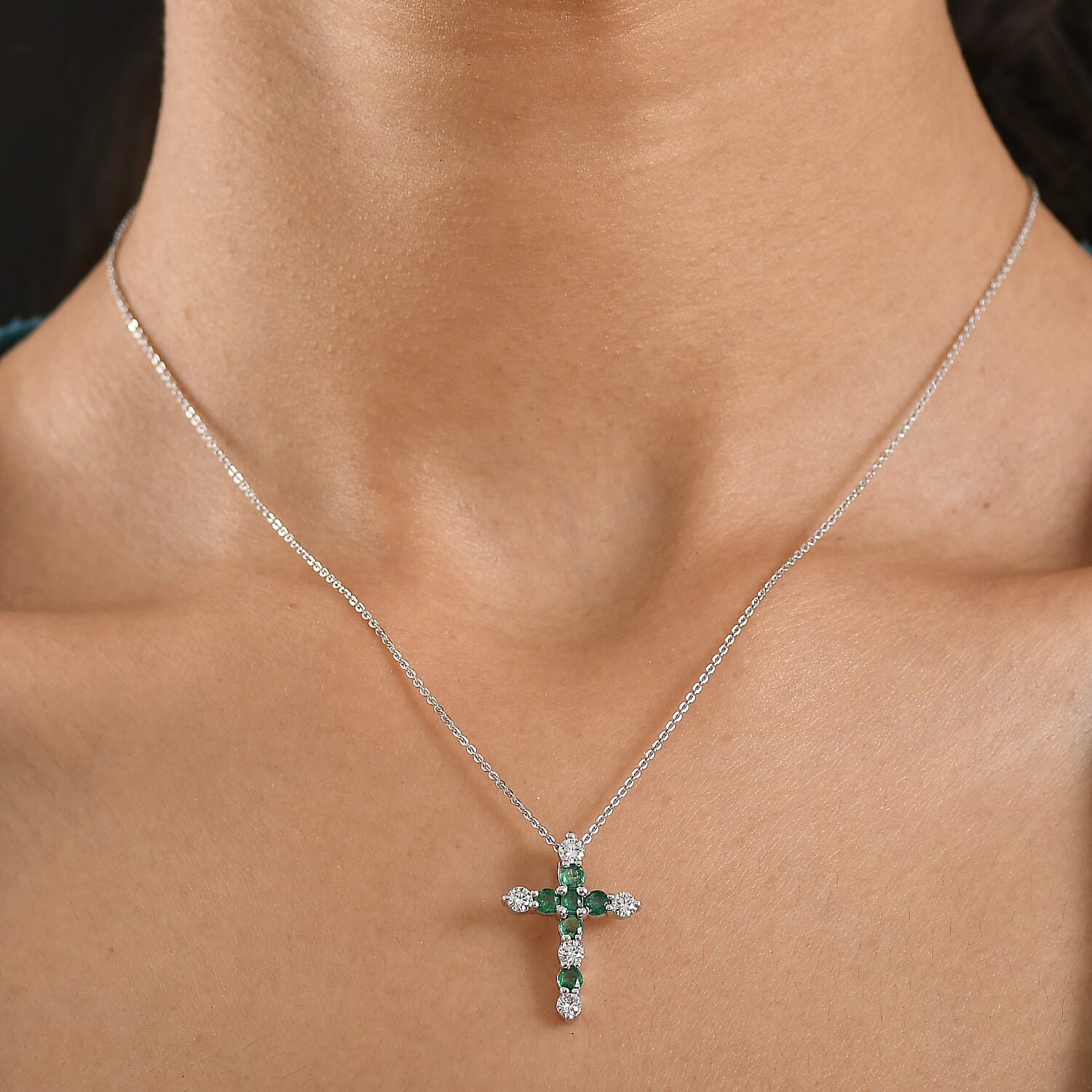 Luxuriant AAA Gemfields Zambian Emerald & SI-GH Lab Grown Diamond Cross Pendant with Chain (Size 20) in Rhodium Overlay Sterling Silver 1.18 Ct.