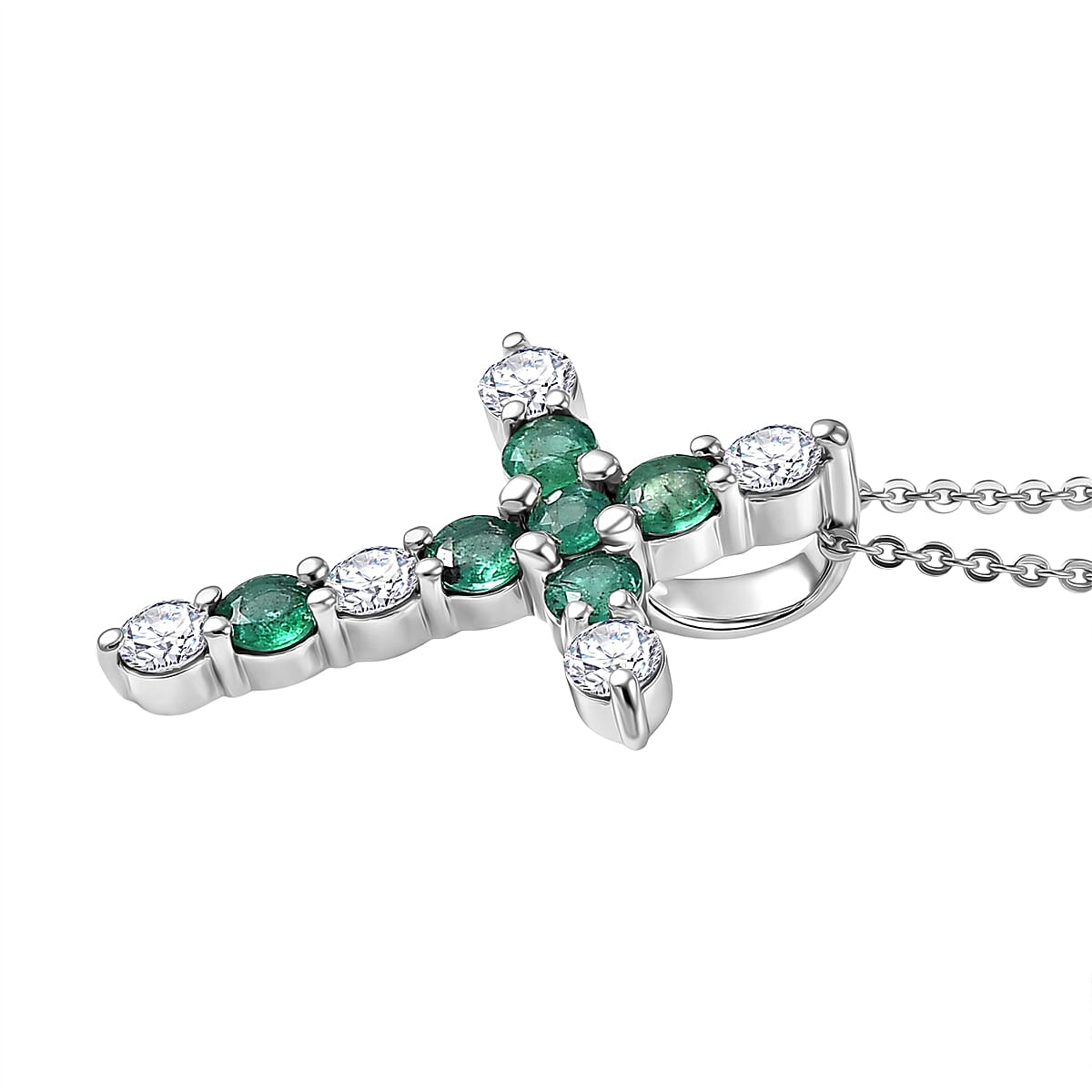 Luxuriant AAA Gemfields Zambian Emerald & SI-GH Lab Grown Diamond Cross Pendant with Chain (Size 20) in Rhodium Overlay Sterling Silver 1.18 Ct.