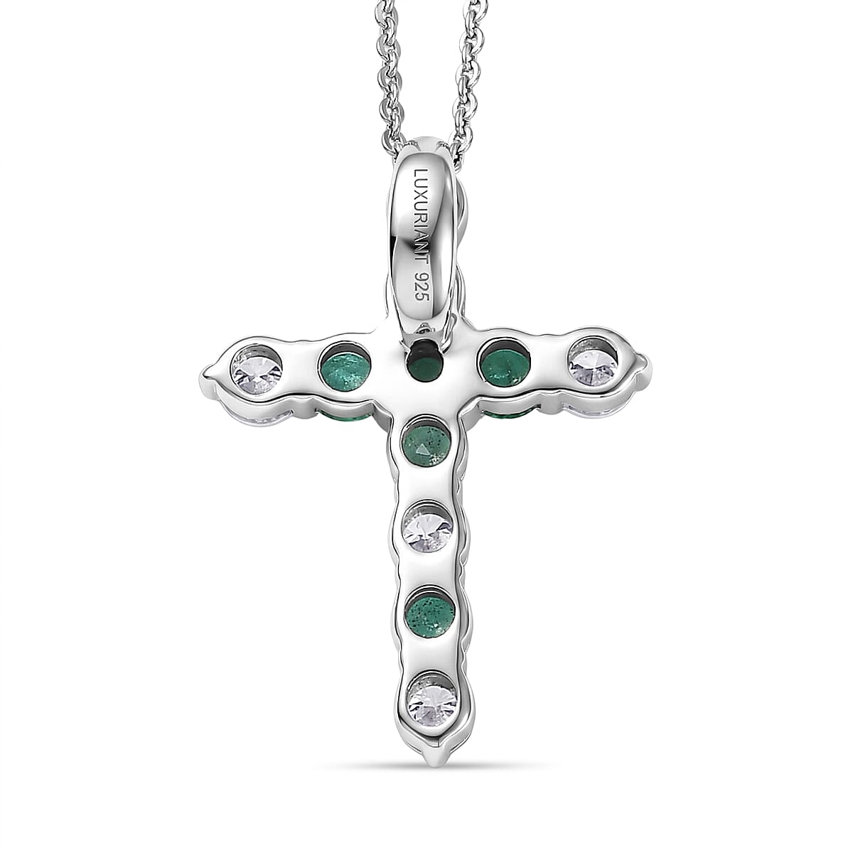 Luxuriant AAA Gemfields Zambian Emerald & SI-GH Lab Grown Diamond Cross Pendant with Chain (Size 20) in Rhodium Overlay Sterling Silver 1.18 Ct.