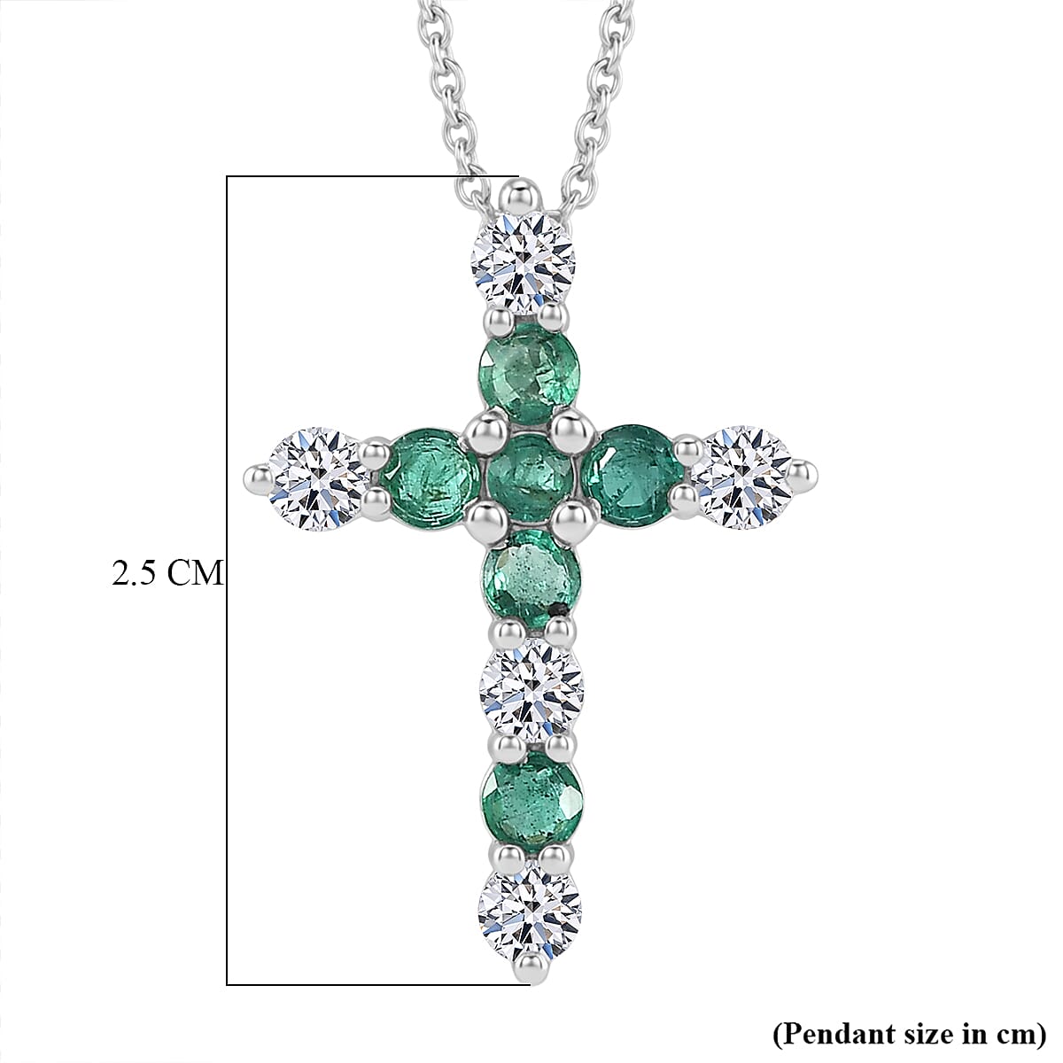 Luxuriant AAA Gemfields Zambian Emerald & SI-GH Lab Grown Diamond Cross Pendant with Chain (Size 20) in Rhodium Overlay Sterling Silver 1.18 Ct.