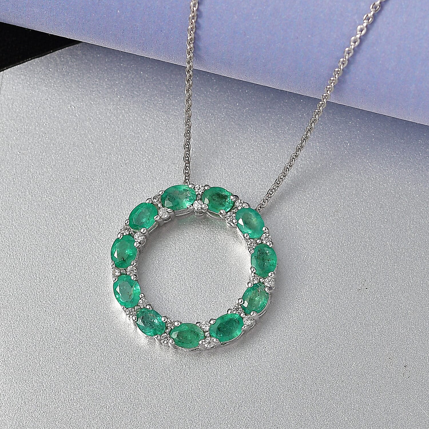 D'Joy AAA Gemfields Zambian Emerald & White Zircon Circle Pendant with Chain (Size 20) in Rhodium Overlay Sterling Silver 1.97 Ct.