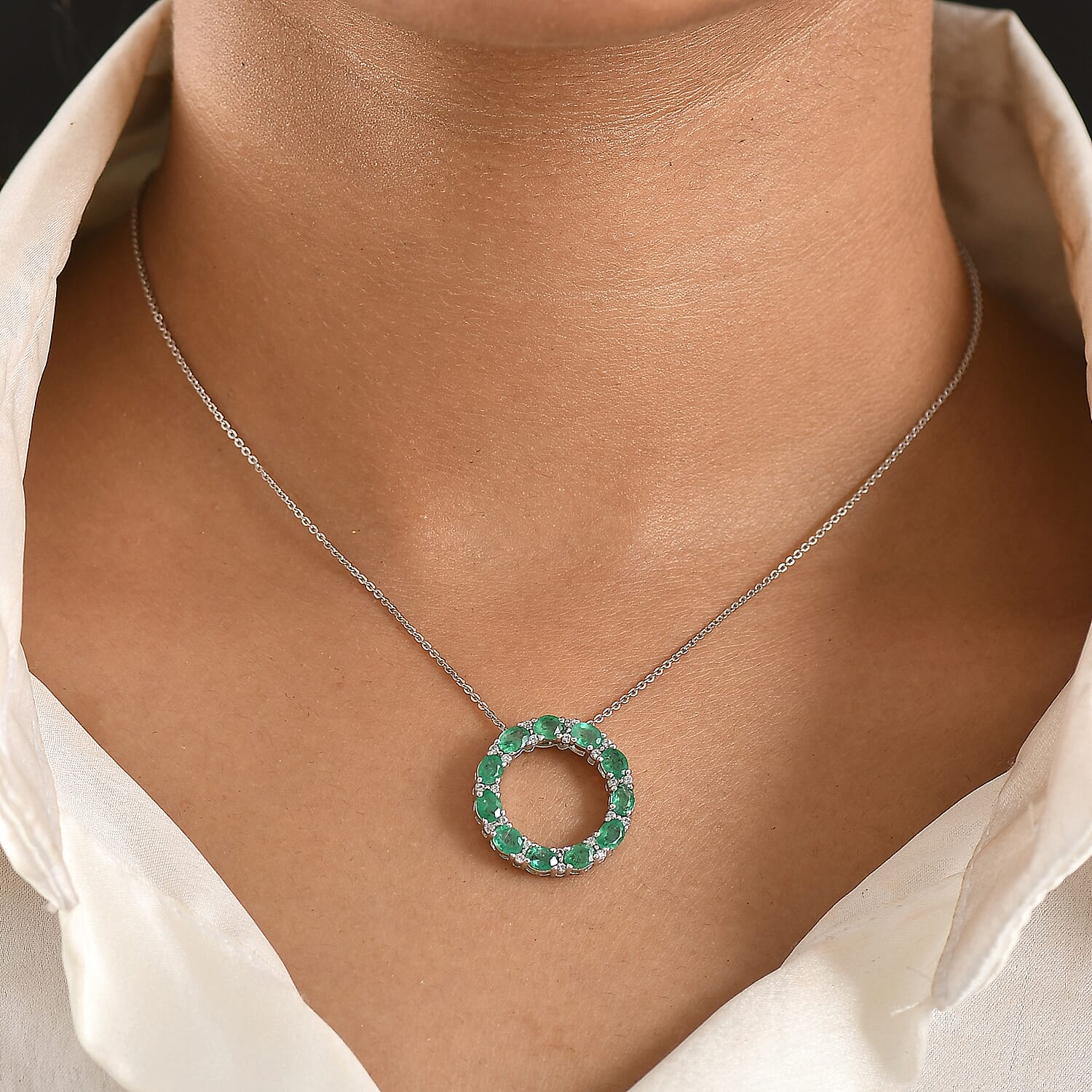 D'Joy AAA Gemfields Zambian Emerald & White Zircon Circle Pendant with Chain (Size 20) in Rhodium Overlay Sterling Silver 1.97 Ct.